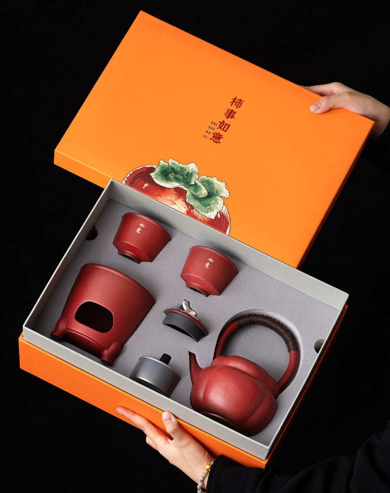 Forbidden City Red Teapot Set — Six-Piece Auspicious Tea Ceremony Gift Collection
