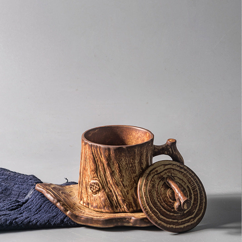 Timber Echoes – Handcrafted Tree-Trunk Porcelain Coffee Mug & Saucer Set