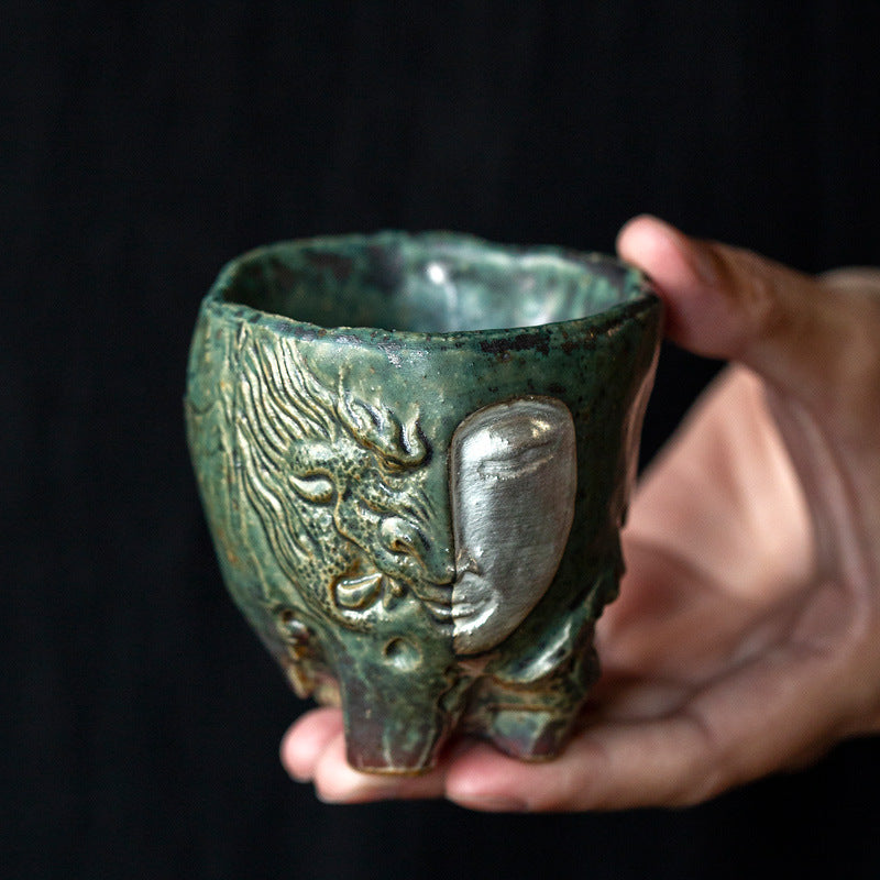 Zen Face – Handcrafted Ceramic Tea Cup with Silver Relief Gift Set