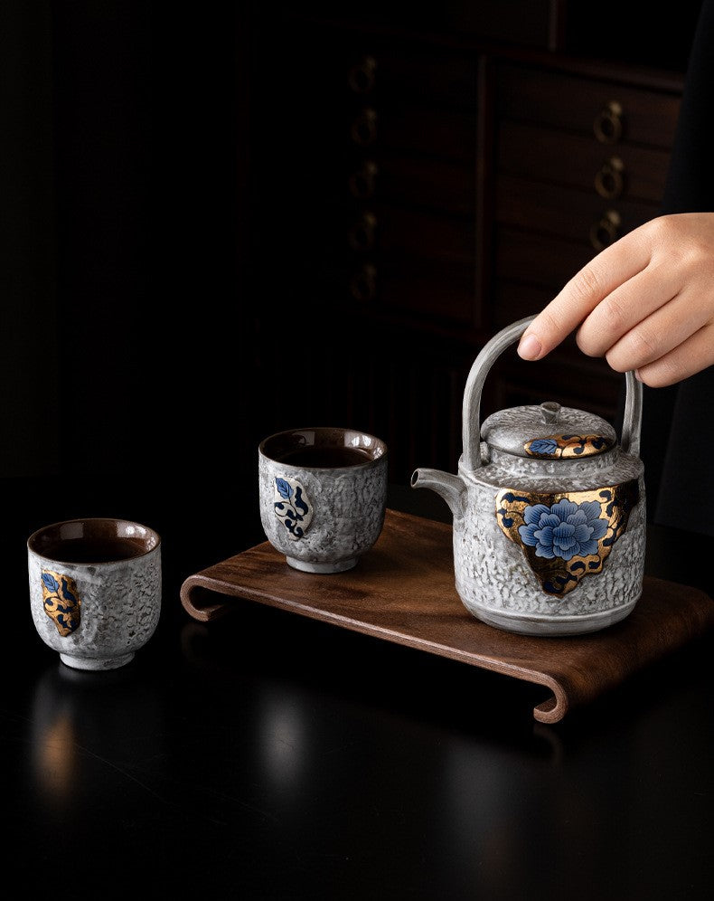Gold And Silver Floral Emblems Ceramic Tea Cup Duo with Wooden Tray