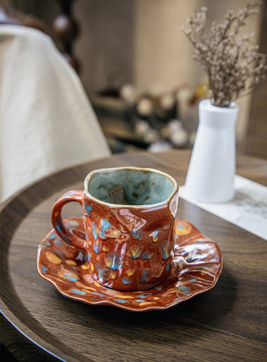 Crimson Bloom – Handcrafted Rustic Ceramic Coffee Cup & Saucer Set