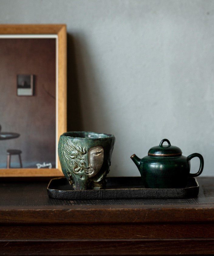 Zen Face – Handcrafted Ceramic Tea Cup with Silver Relief Gift Set