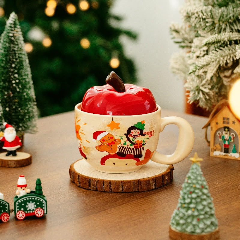 Festive Apple Charm – Handcrafted Christmas Ceramic Mug with Lid Gift Cup