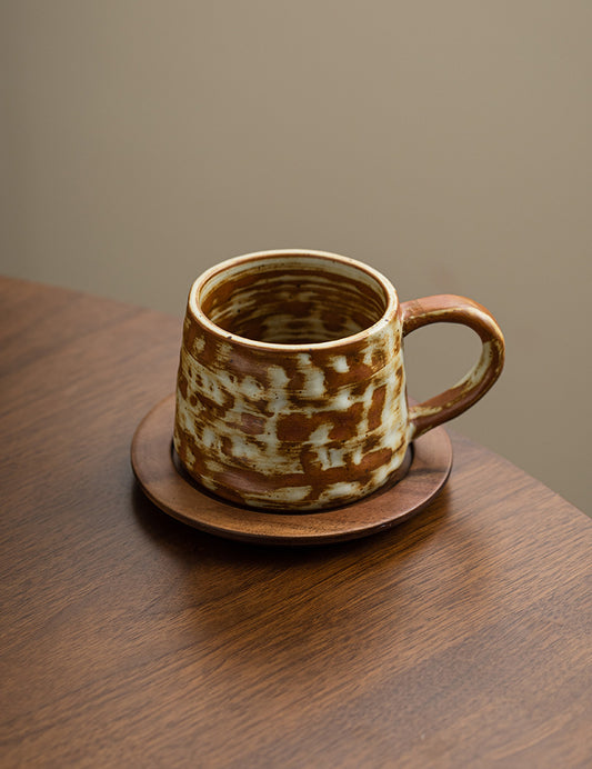 Rustic Ember – Handcrafted Ceramic Coffee Cup with Wooden Saucer