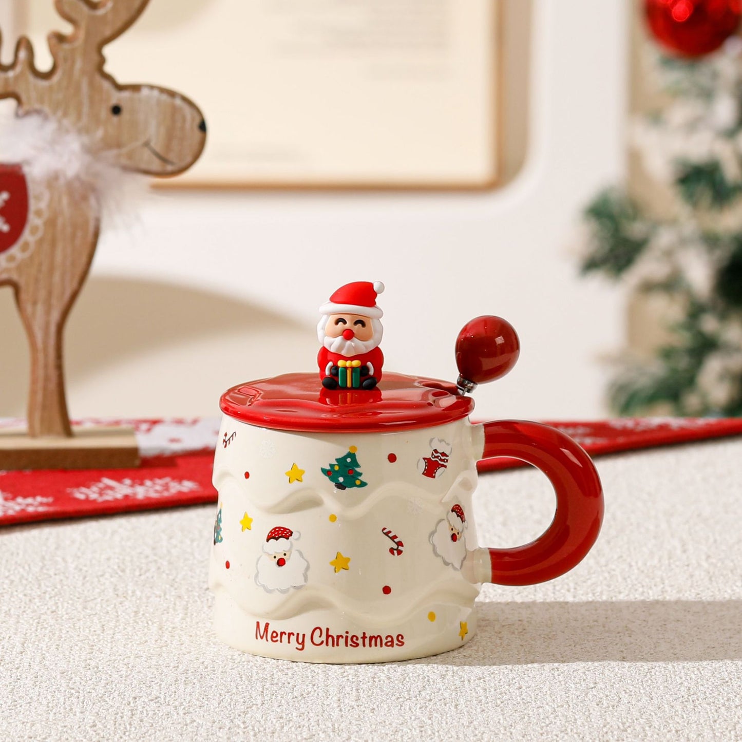 Merry Whimsy – Handcrafted Christmas Ceramic Mug with Lid & Spoon