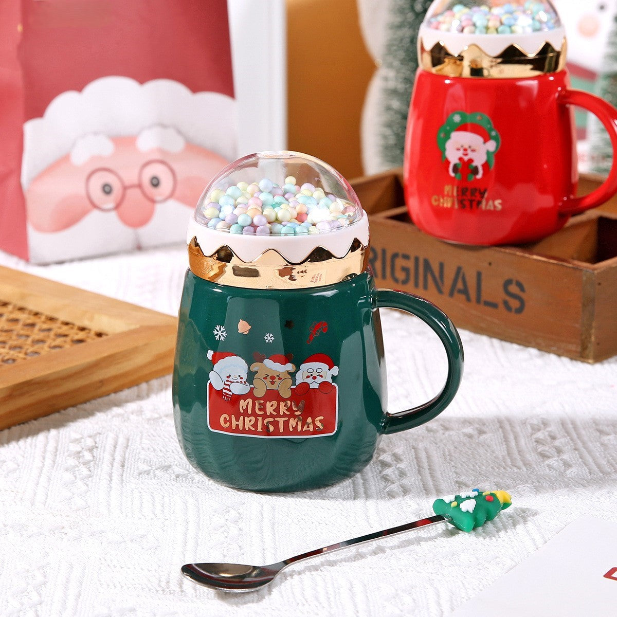Snowglobe Magic – Handcrafted Christmas Ceramic Mug with Lid & Spoon Gift Set
