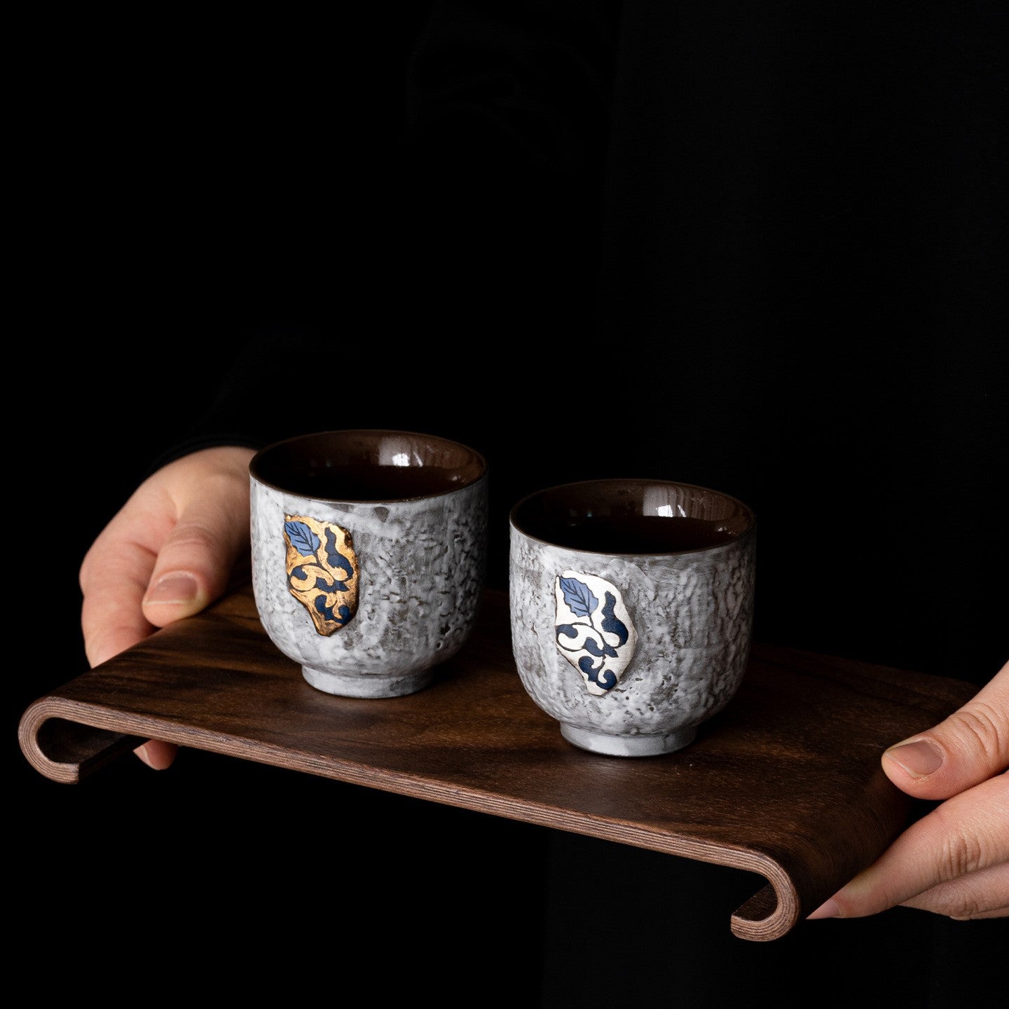 Gold And Silver Floral Emblems Ceramic Tea Cup Duo with Wooden Tray