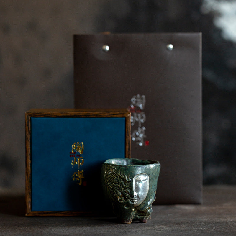 Zen Face – Handcrafted Ceramic Tea Cup with Silver Relief Gift Set