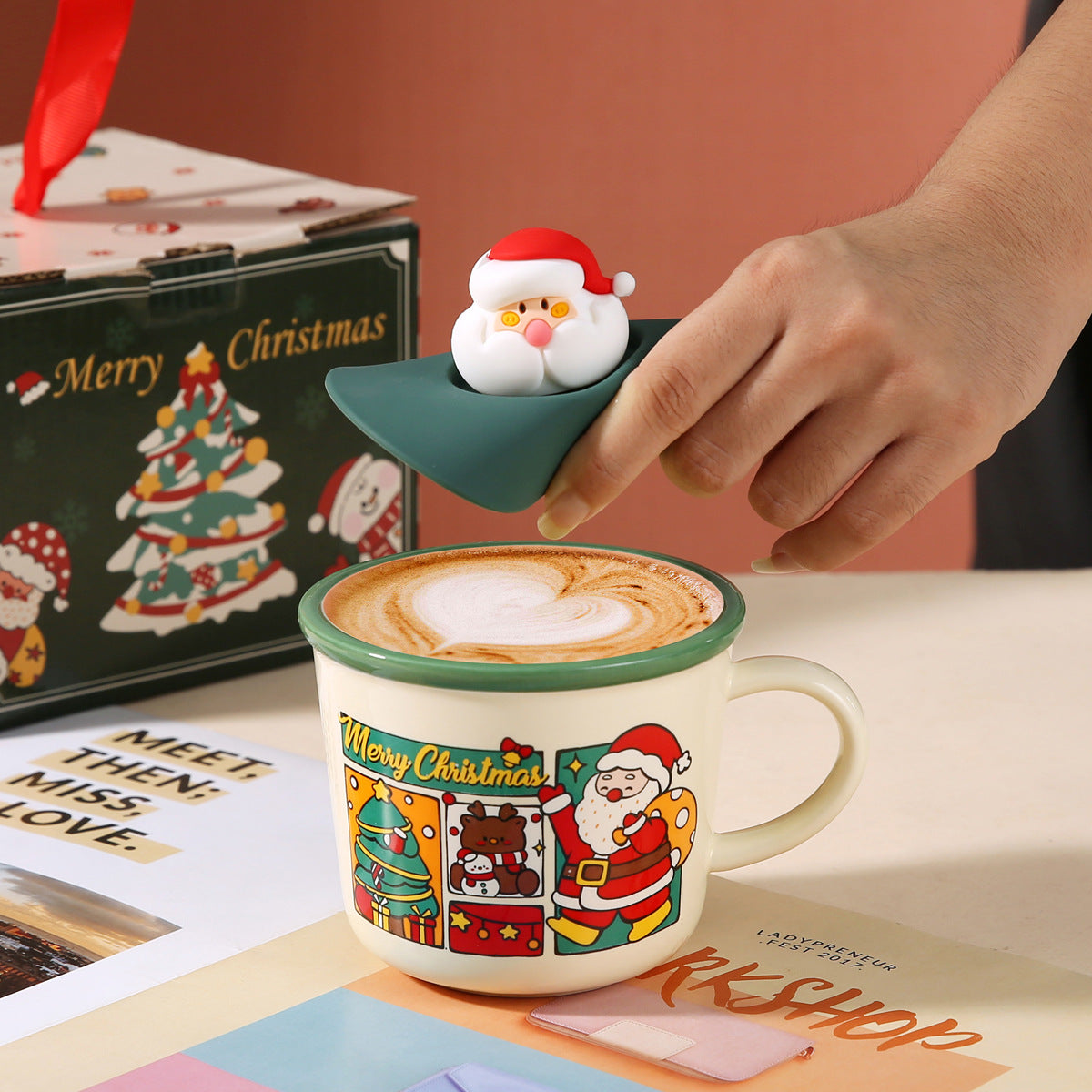 Santa Joy – Handcrafted Christmas Ceramic Mug with Lid & Spoon