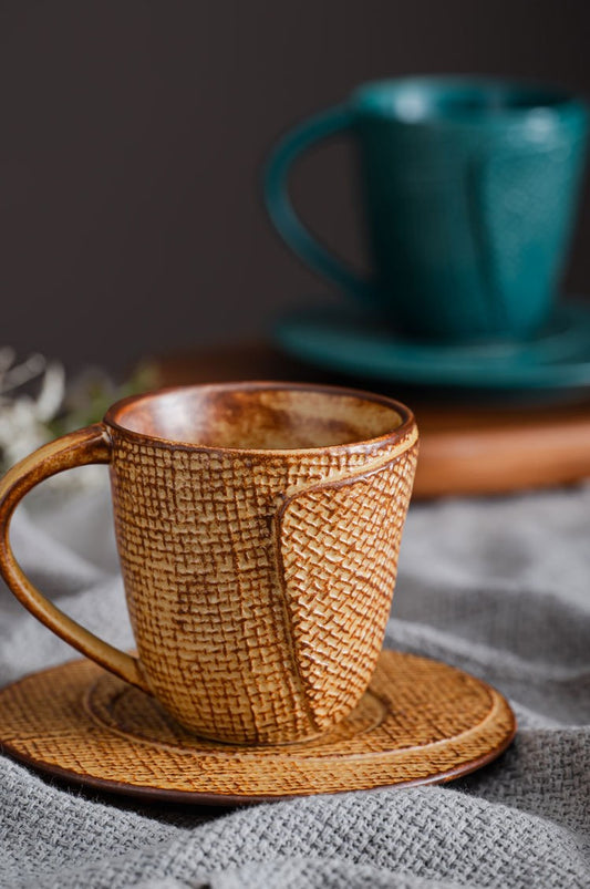 Woven Dawn – Handcrafted Porcelain Coffee Cup & Saucer Set