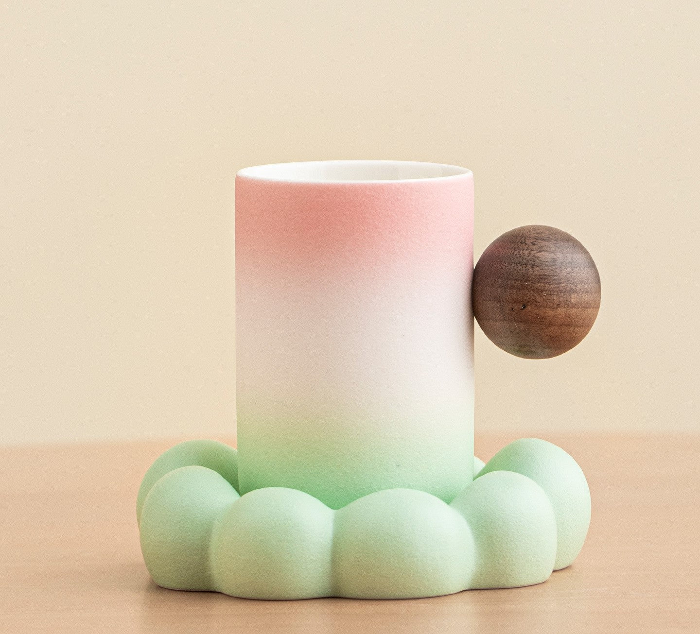 Cloud & Orb – Handcrafted Porcelain Mug with Wooden Sphere Handle & Saucer
