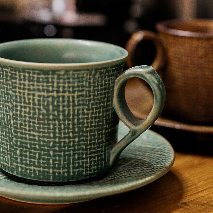Rustic Weave – Artisanal Handcrafted Ceramic Coffee Cup & Saucer Set