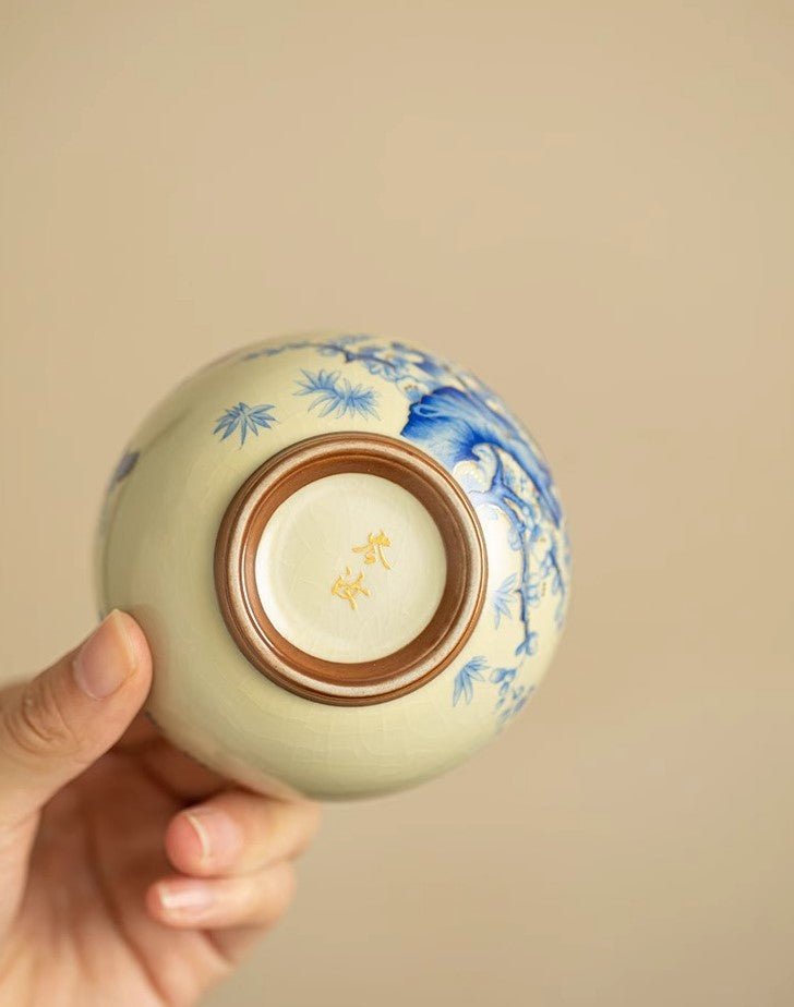 Joy Rising – Handcrafted Porcelain Tea Cup with Magpie & Plum Motif