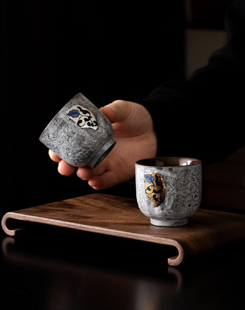 Gold And Silver Floral Emblems Ceramic Tea Cup Duo with Wooden Tray