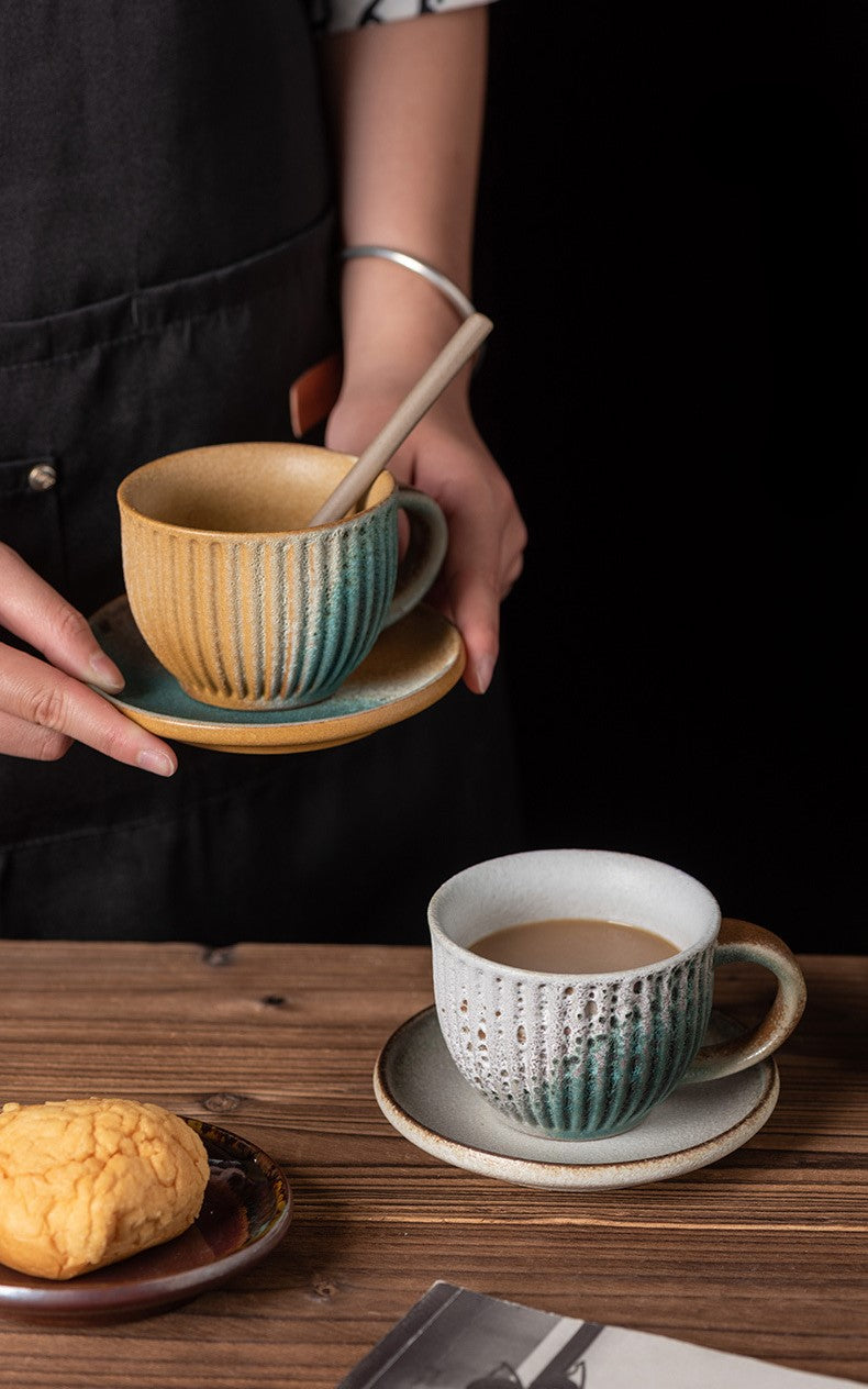 Rustic Glaze Echo – Handcrafted Porcelain Coffee Cup, Saucer & Spoon Set