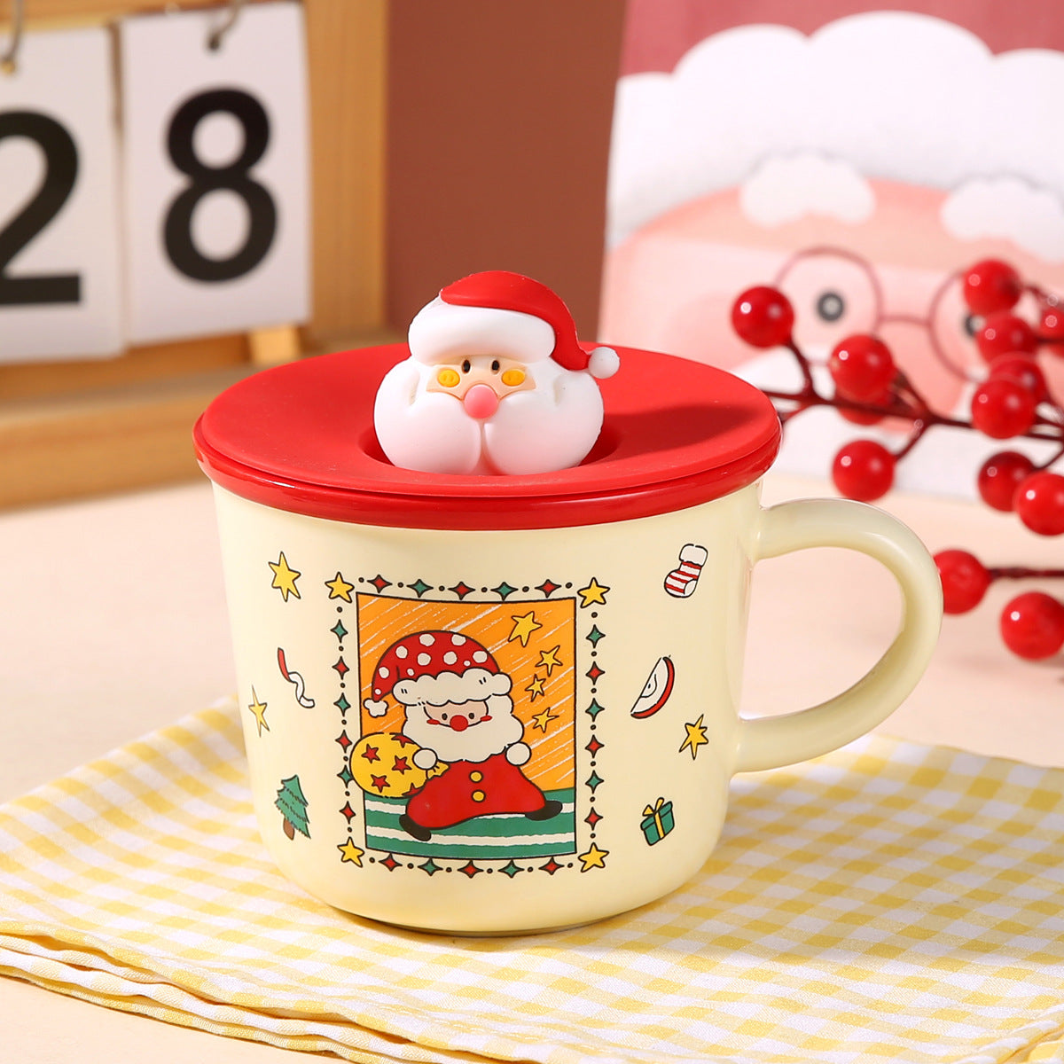 Santa Joy – Handcrafted Christmas Ceramic Mug with Lid & Spoon