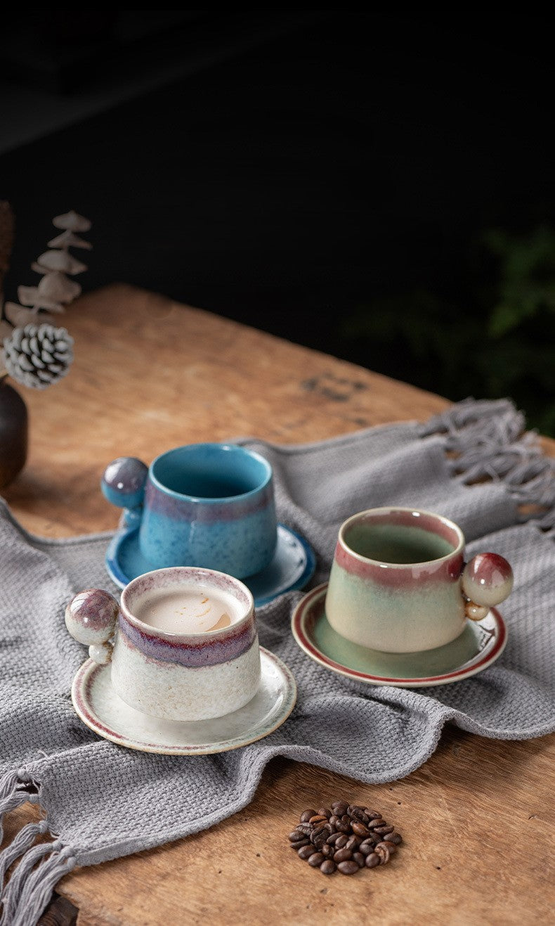 Orb-Handled Harmony – Handcrafted Kiln-Change Porcelain Coffee Cup & Saucer Set