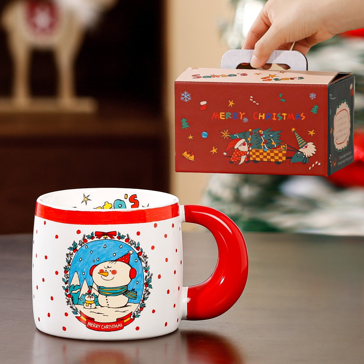 Merry Tales Charm – Handcrafted Christmas Ceramic Mug with Lid & Spoon Gift Cup