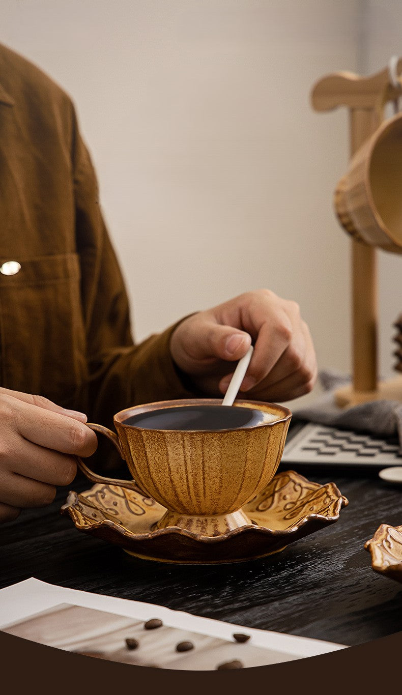 Rustic Petal Harmony – Handcrafted Porcelain Coffee Cup & Saucer Set
