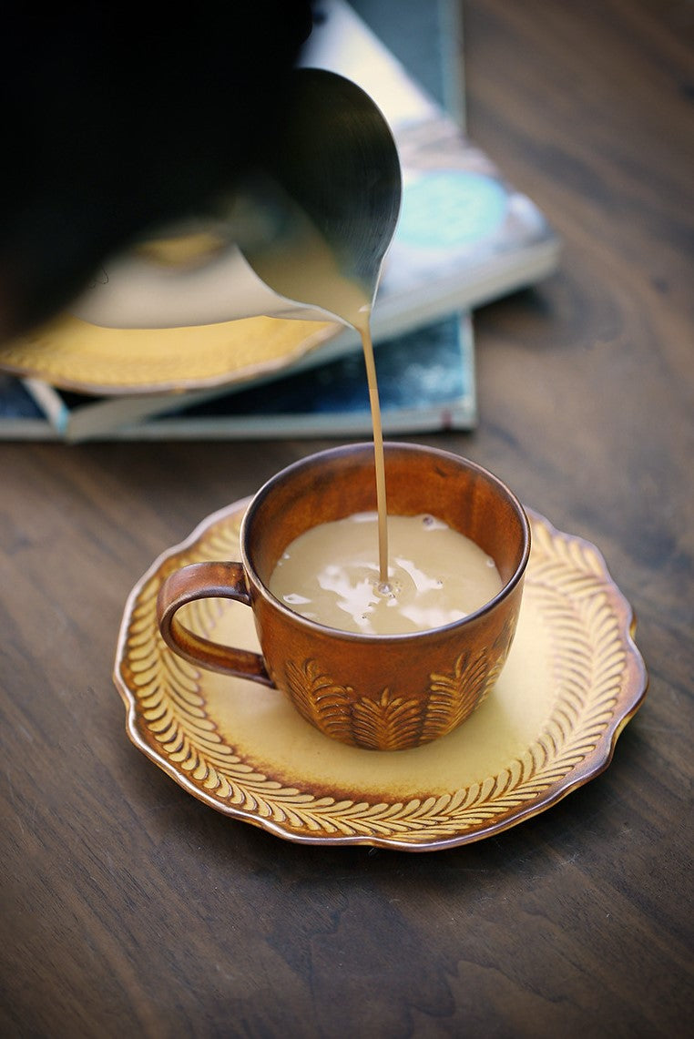 Golden Grain Elegance – Handcrafted Porcelain Coffee Cup & Saucer Set