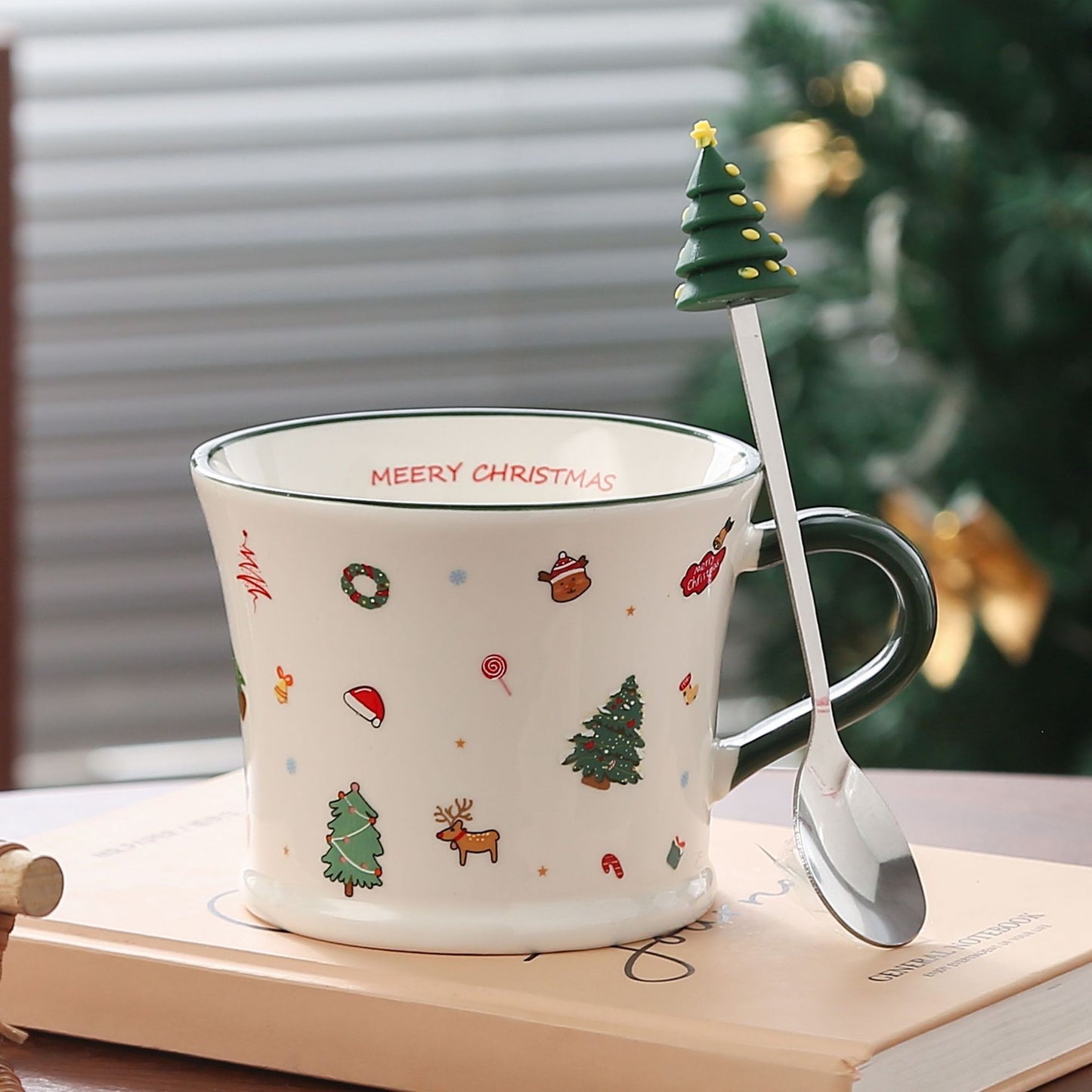 Holiday Cheer Charm – Handcrafted Christmas Ceramic Mug with Lid & Spoon Gift Cup