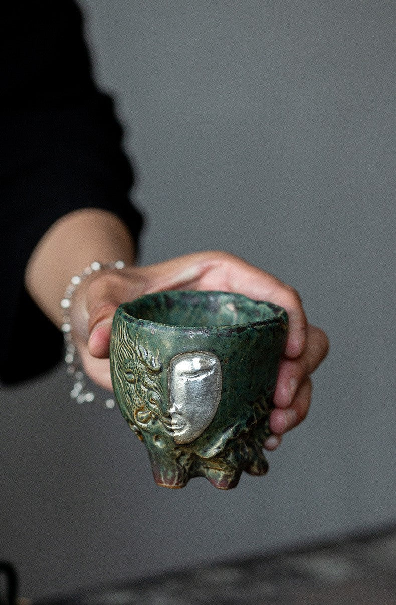 Zen Face – Handcrafted Ceramic Tea Cup with Silver Relief Gift Set