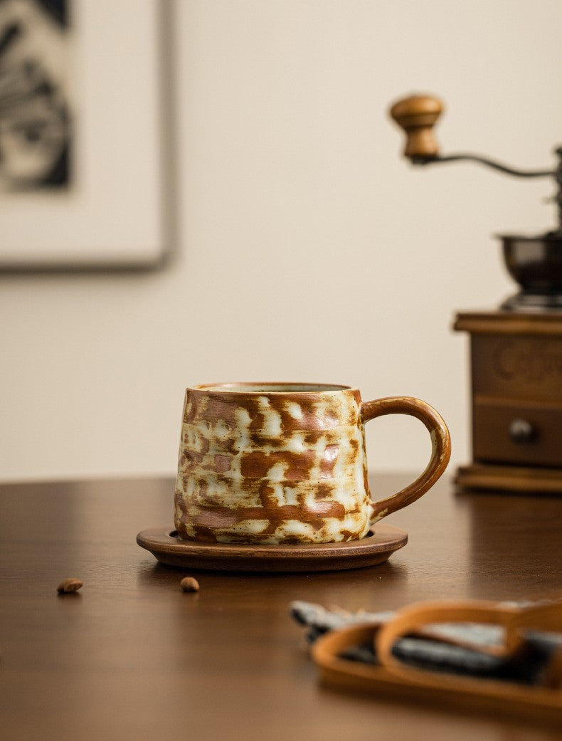 Rustic Ember – Handcrafted Ceramic Coffee Cup with Wooden Saucer