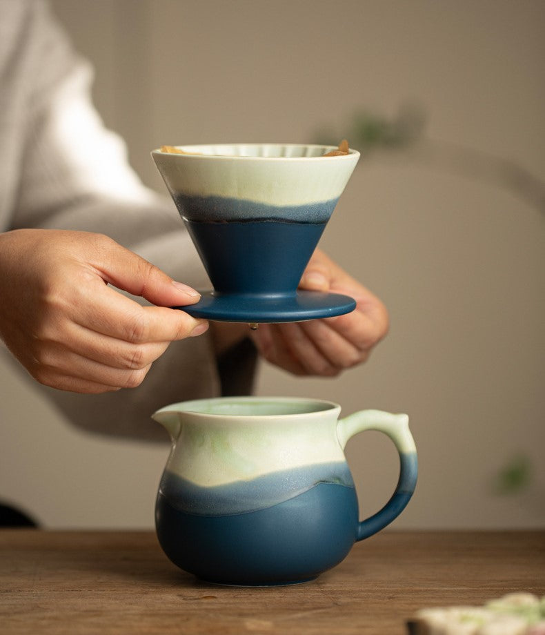 Azure Flow Tranquility – Handcrafted Porcelain Pour-Over Coffee Set