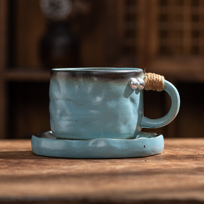 Earthbound Elegance – Wabi-Sabi Rope Handle Porcelain Coffee Cup & Saucer Set