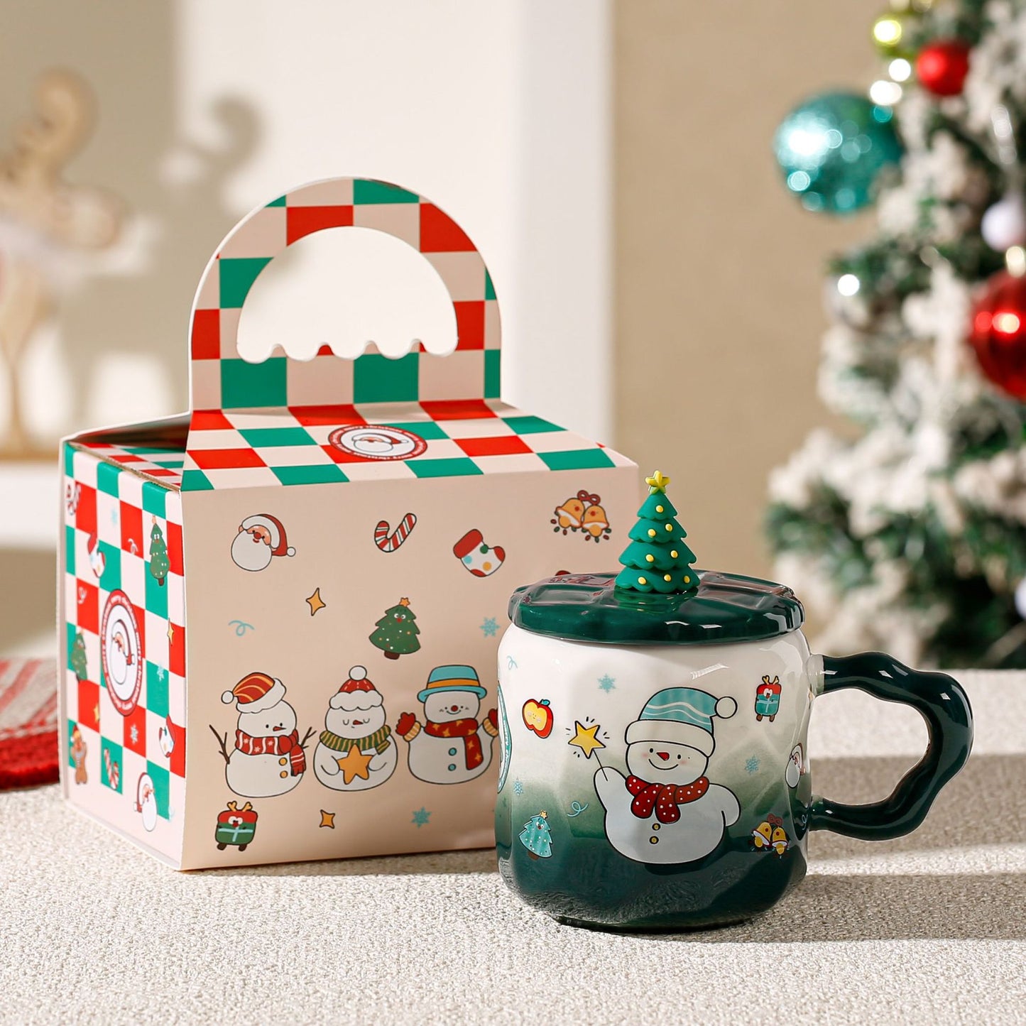 Snowy Cheer Delight – Handcrafted Christmas Snowman Mug with Lid & Spoon Gift Set