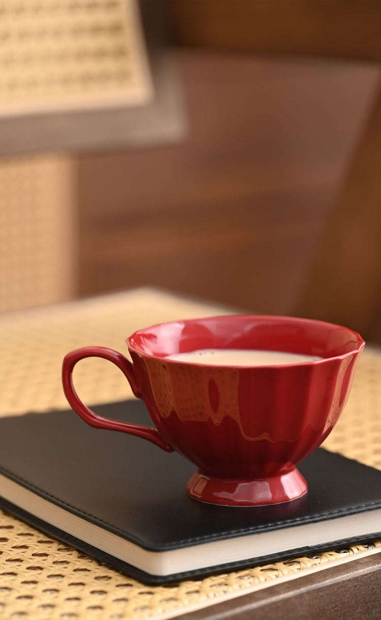 Ripple Glow – Vintage Red Ceramic Coffee Cup & Saucer Set