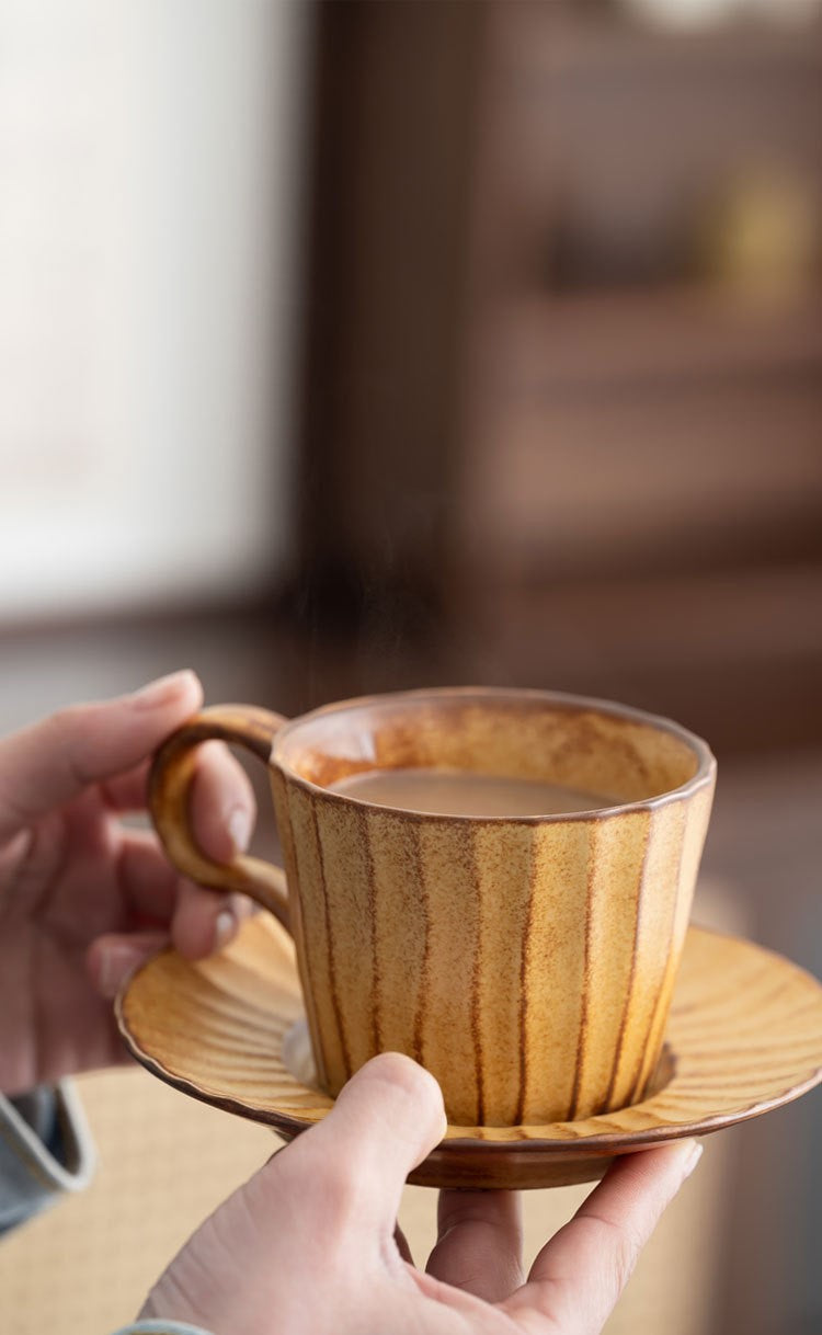 Ridge Flow – Handcrafted Wabi-Sabi Ceramic Coffee Cup with Saucer