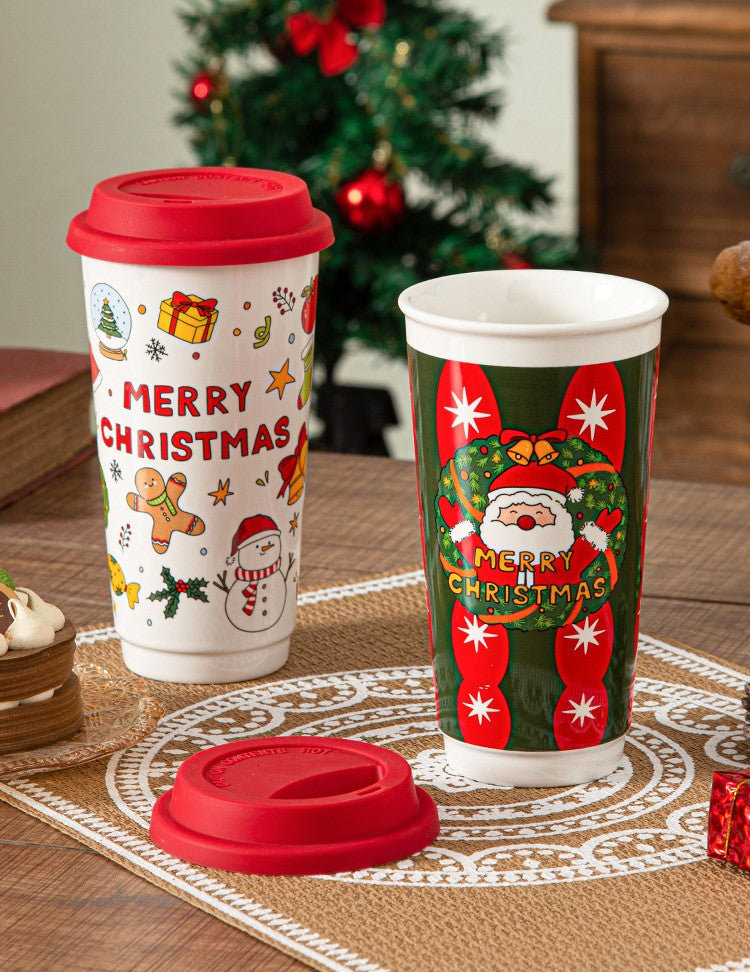 Holiday Grandeur – Large Christmas Ceramic Travel Mug with Lid Gift Set