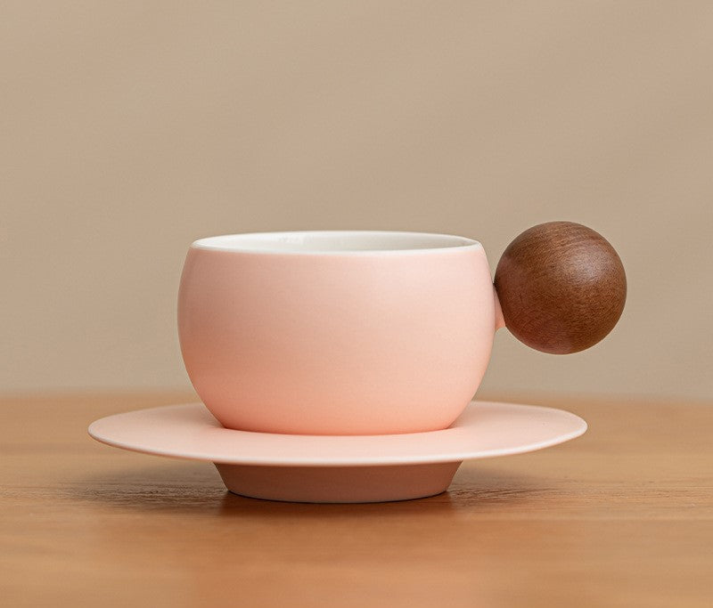 Orb Harmony – Handcrafted Ceramic Coffee Cup with Wooden Handle & Saucer