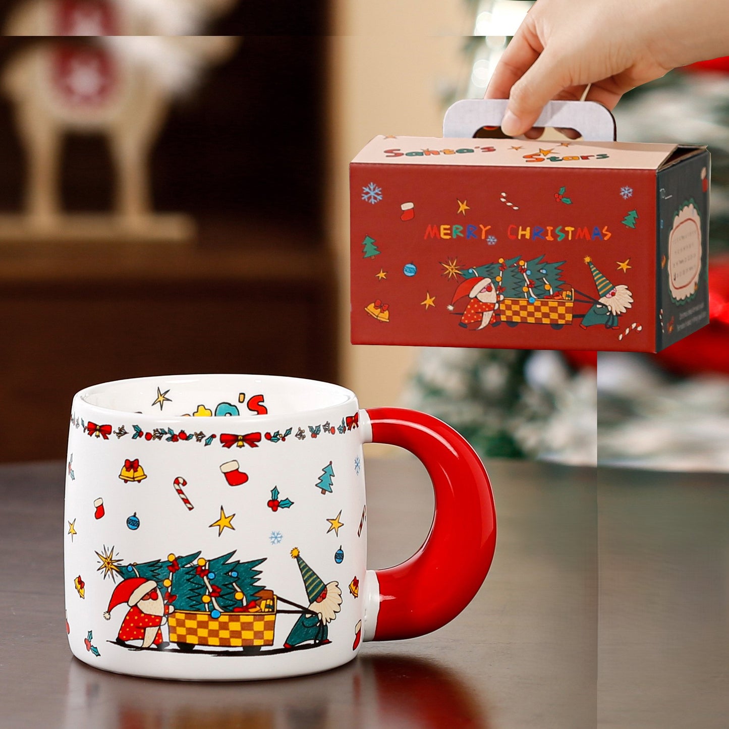 Merry Tales Charm – Handcrafted Christmas Ceramic Mug with Lid & Spoon Gift Cup