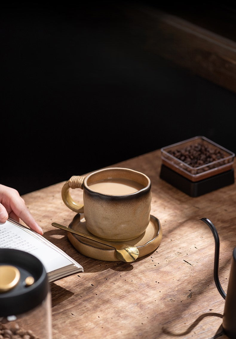 Earthbound Elegance – Wabi-Sabi Rope Handle Porcelain Coffee Cup & Saucer Set