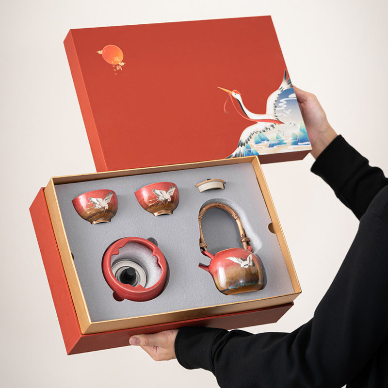 Forbidden City Red “Celestial Crane” Teapot Set — Five-Piece Auspicious Tea Ceremony Gift Collection