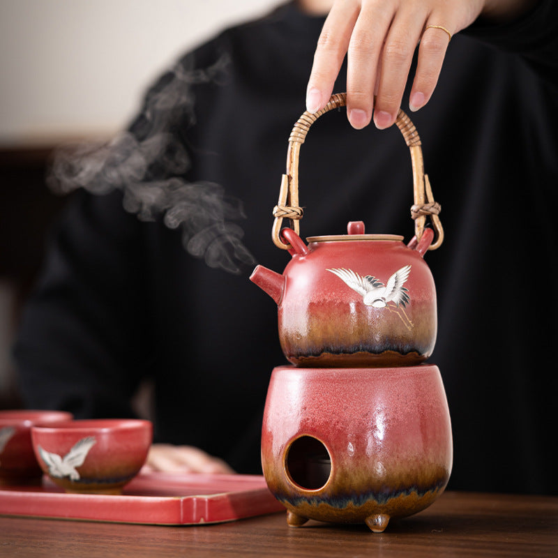 Forbidden City Red “Celestial Crane” Teapot Set — Five-Piece Auspicious Tea Ceremony Gift Collection