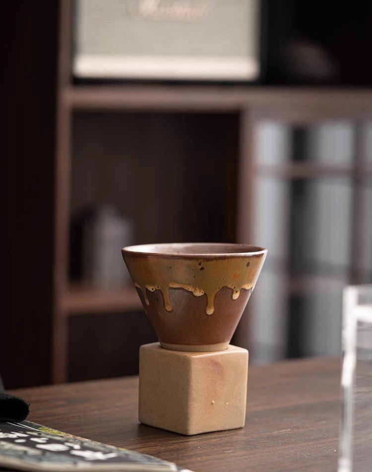 Geometric Drip Glaze – Handcrafted Porcelain Coffee Cup