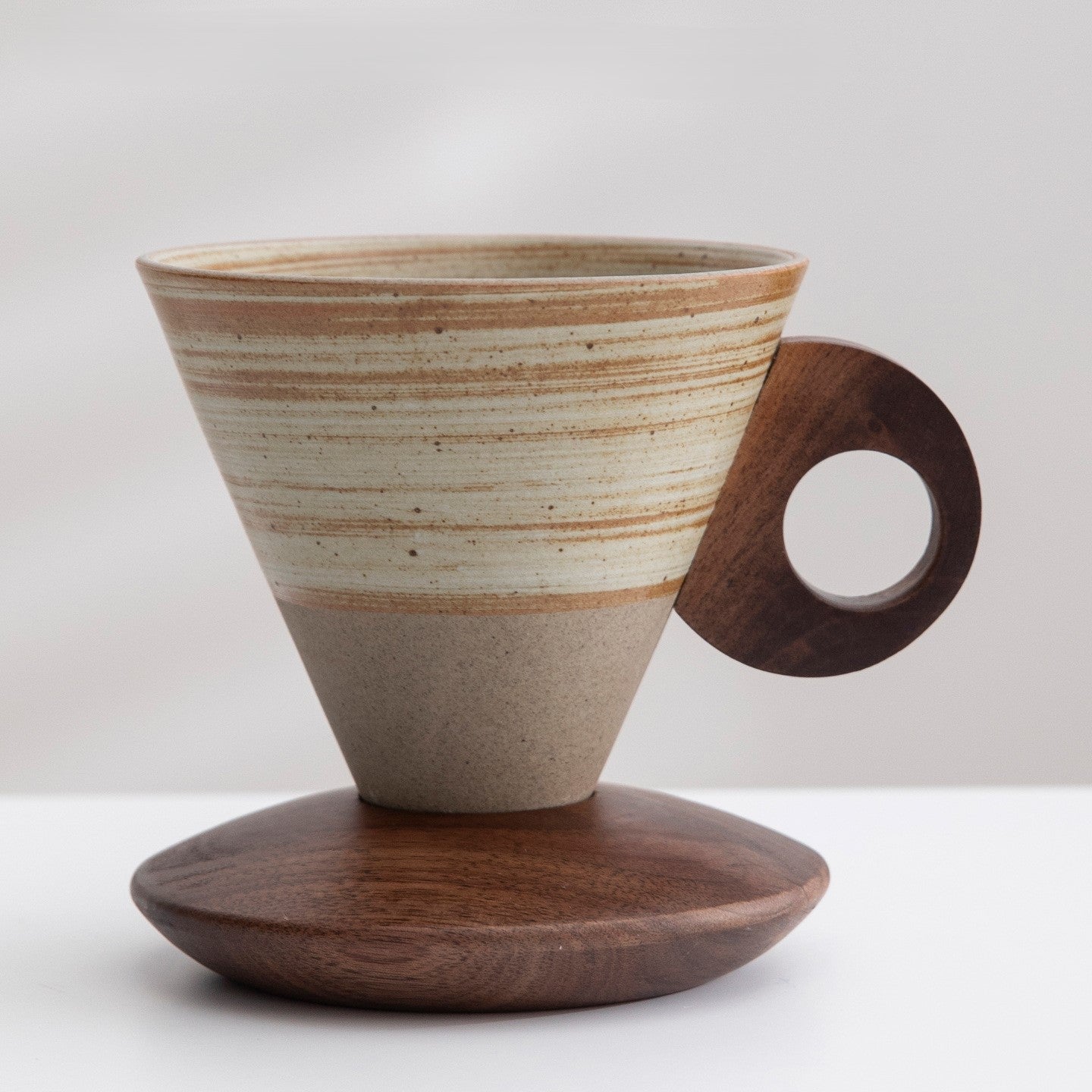 Funnel Balance – Handcrafted Rustic Ceramic Coffee Cup with Wooden Saucer
