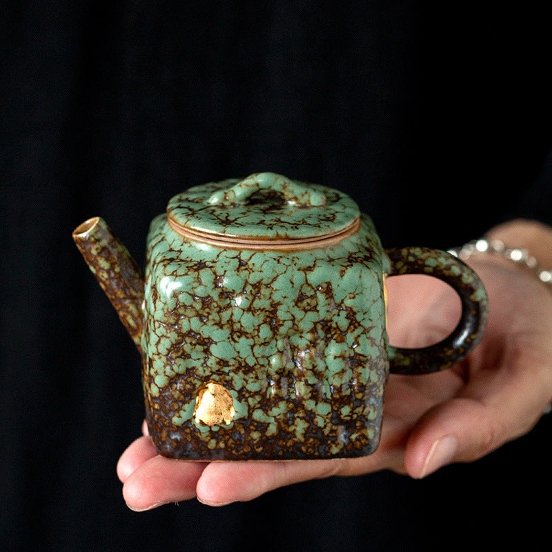 Echoes of Dunhuang — Handmade Qing Moss Rock Glaze Teacup & Teapot Set