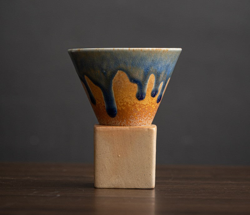 Geometric Drip Glaze – Handcrafted Porcelain Coffee Cup