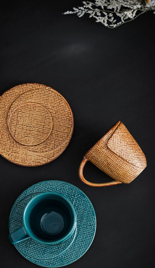 Woven Dawn – Handcrafted Porcelain Coffee Cup & Saucer Set