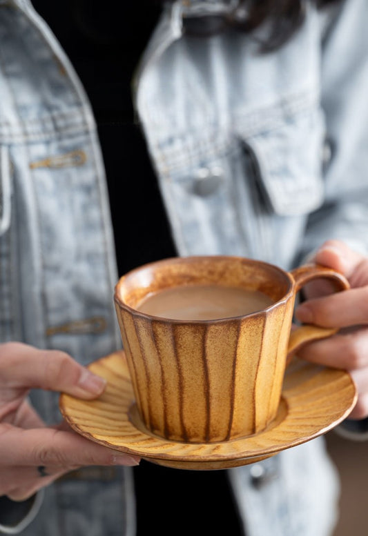 Ridge Flow – Handcrafted Wabi-Sabi Ceramic Coffee Cup with Saucer