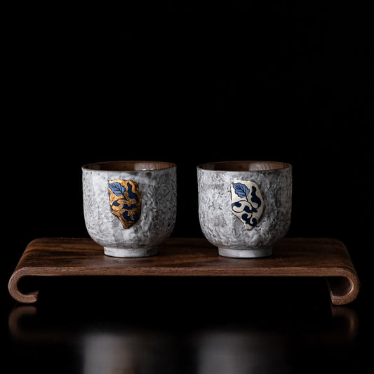 Gold And Silver Floral Emblems Ceramic Tea Cup Duo with Wooden Tray