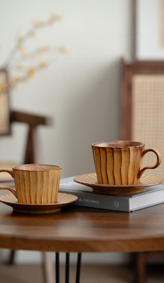 Ridge Flow – Handcrafted Wabi-Sabi Ceramic Coffee Cup with Saucer