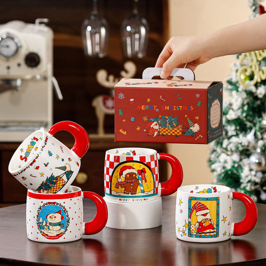 Merry Tales Charm – Handcrafted Christmas Ceramic Mug with Lid & Spoon Gift Cup