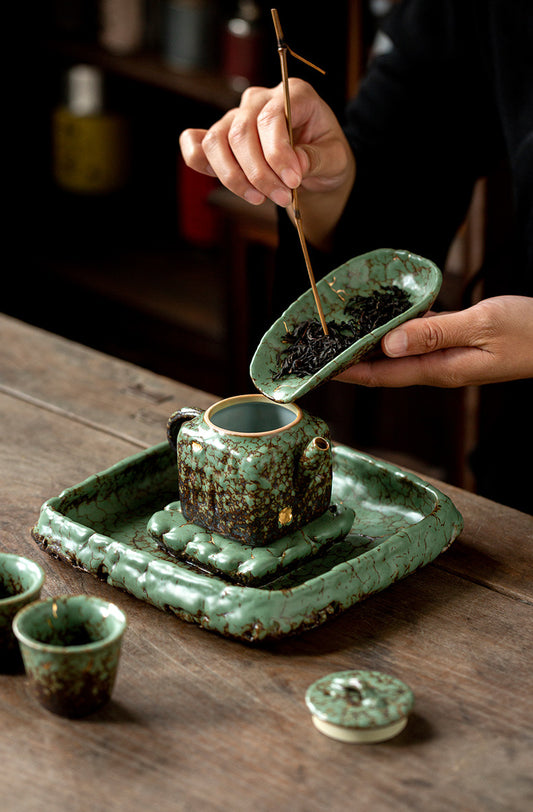 Echoes of Dunhuang — Handmade Qing Moss Rock Glaze Teacup & Teapot Set