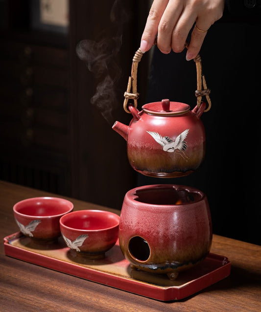 Forbidden City Red “Celestial Crane” Teapot Set — Five-Piece Auspicious Tea Ceremony Gift Collection