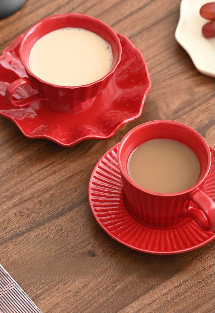 Ripple Glow – Vintage Red Ceramic Coffee Cup & Saucer Set